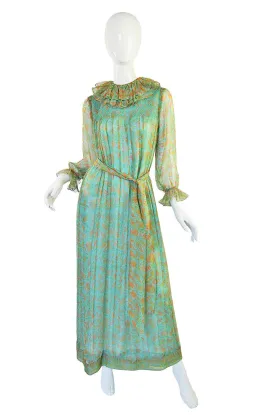 1970s Green Printed Ruffled Silk Chiffon Treacy Lowe Dress