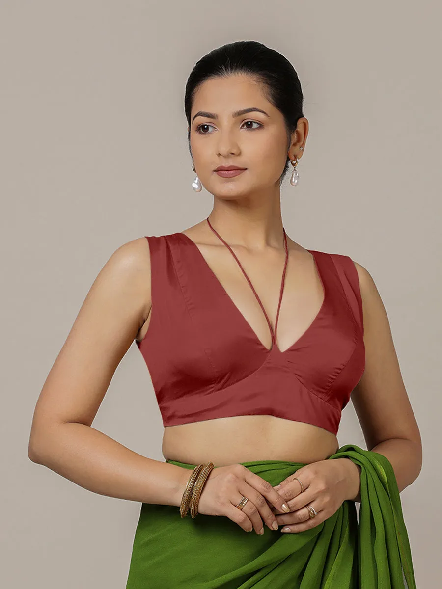 Ahana x Rozaana | Auburn Red Sleeveless FlexiFit™ Saree Blouse with Plunging Neckline and Back Cut Out with Tie-up