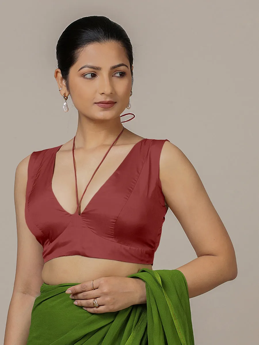 Ahana x Rozaana | Auburn Red Sleeveless FlexiFit™ Saree Blouse with Plunging Neckline and Back Cut Out with Tie-up