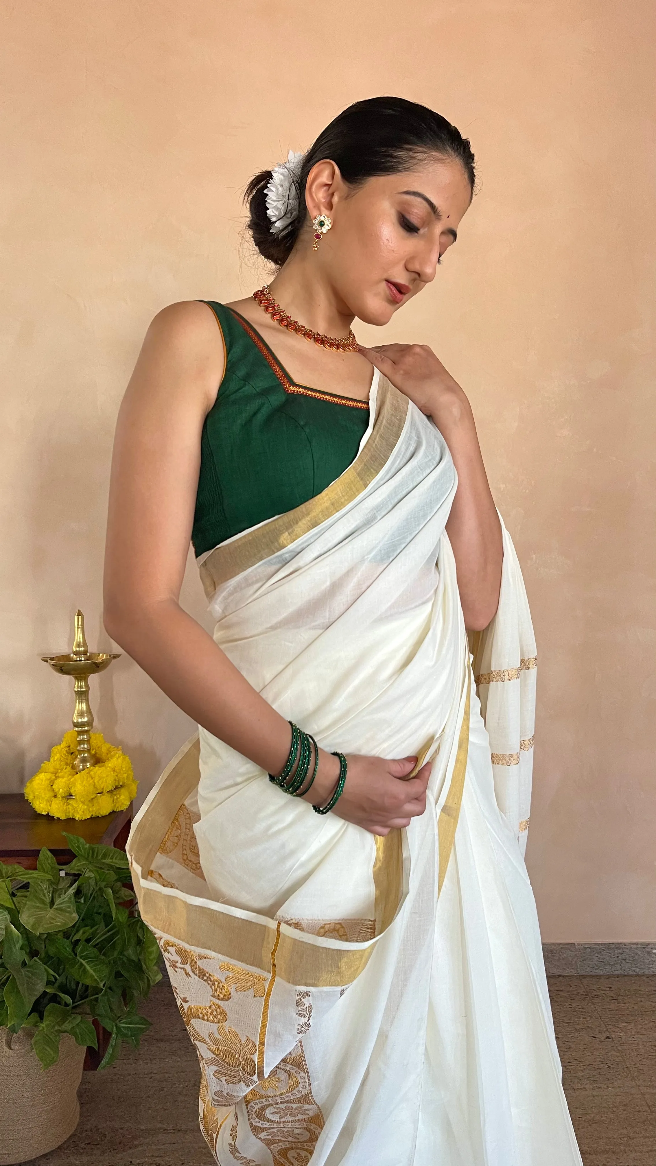 Amala x Tyohaar | Bottle Green Mangalgiri 100% Cotton Sleeveless Saree Blouse with Zari Border Detailing