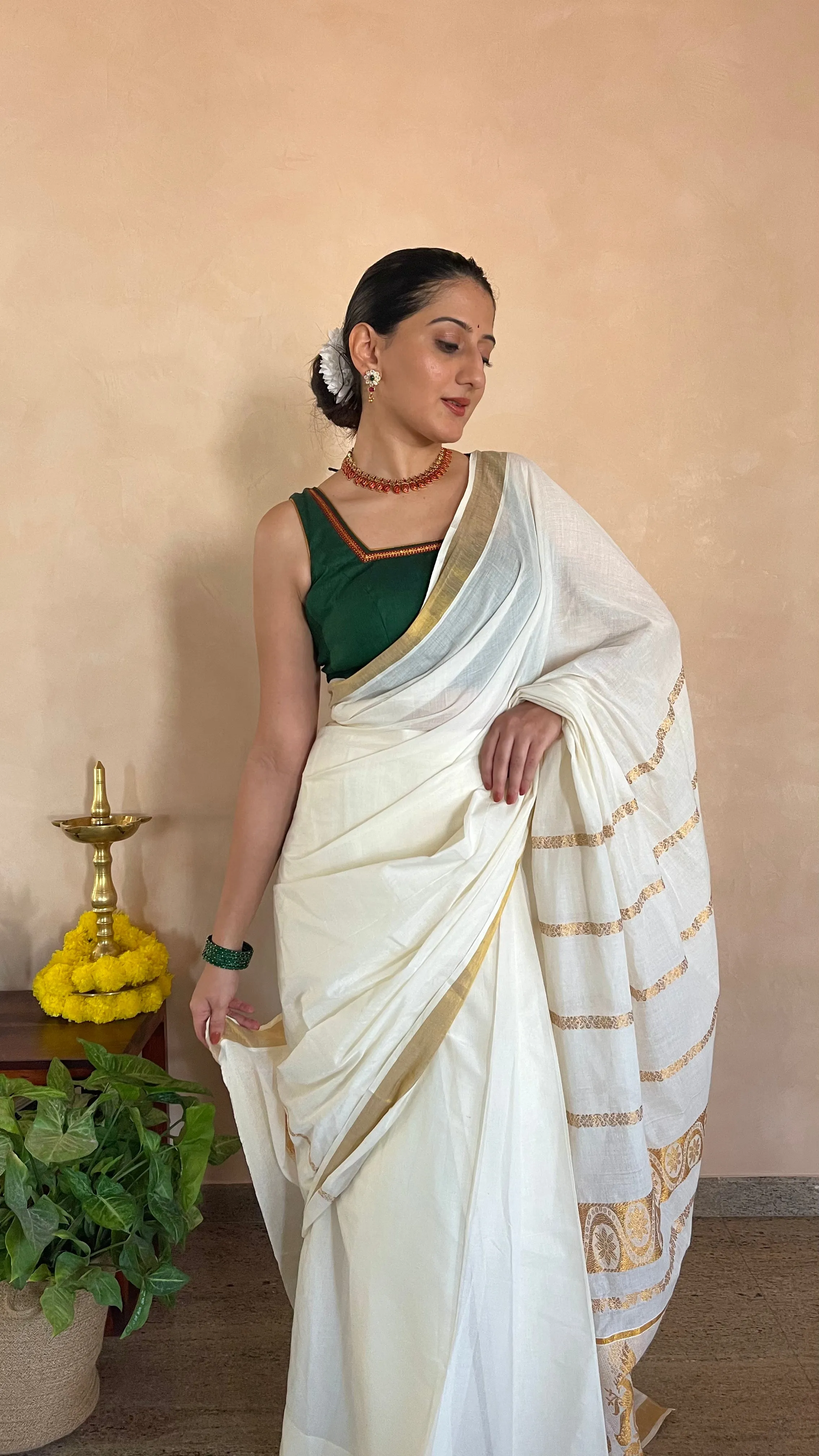 Amala x Tyohaar | Bottle Green Mangalgiri 100% Cotton Sleeveless Saree Blouse with Zari Border Detailing