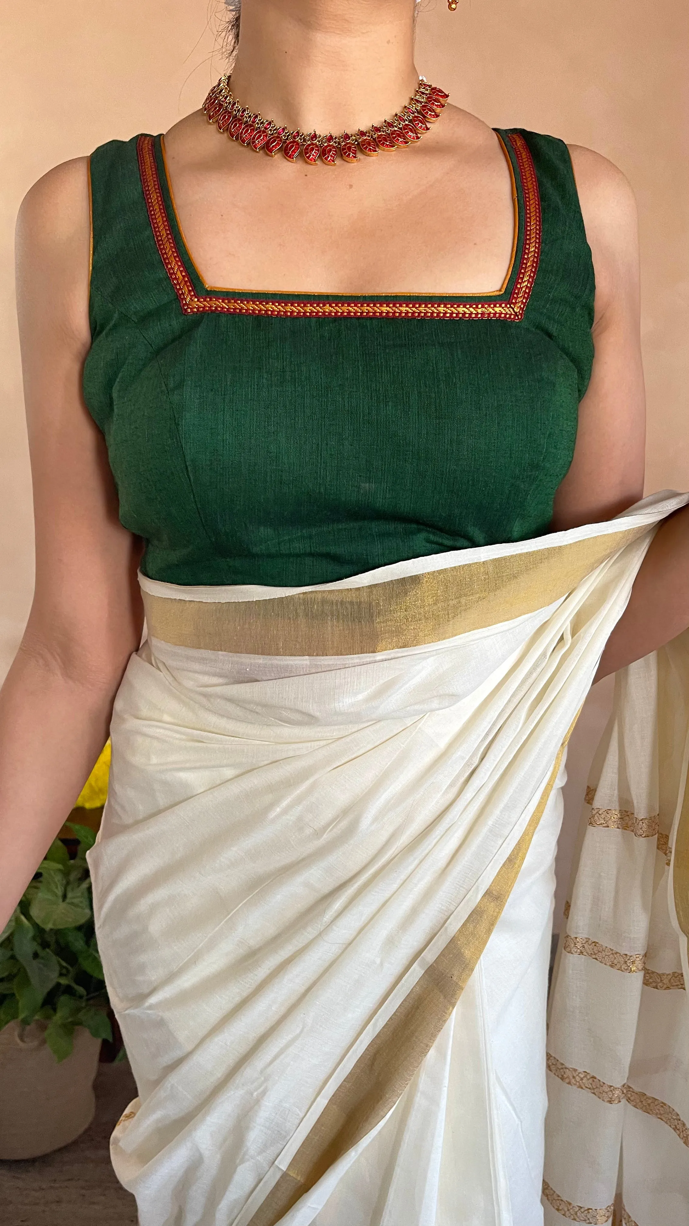 Amala x Tyohaar | Bottle Green Mangalgiri 100% Cotton Sleeveless Saree Blouse with Zari Border Detailing