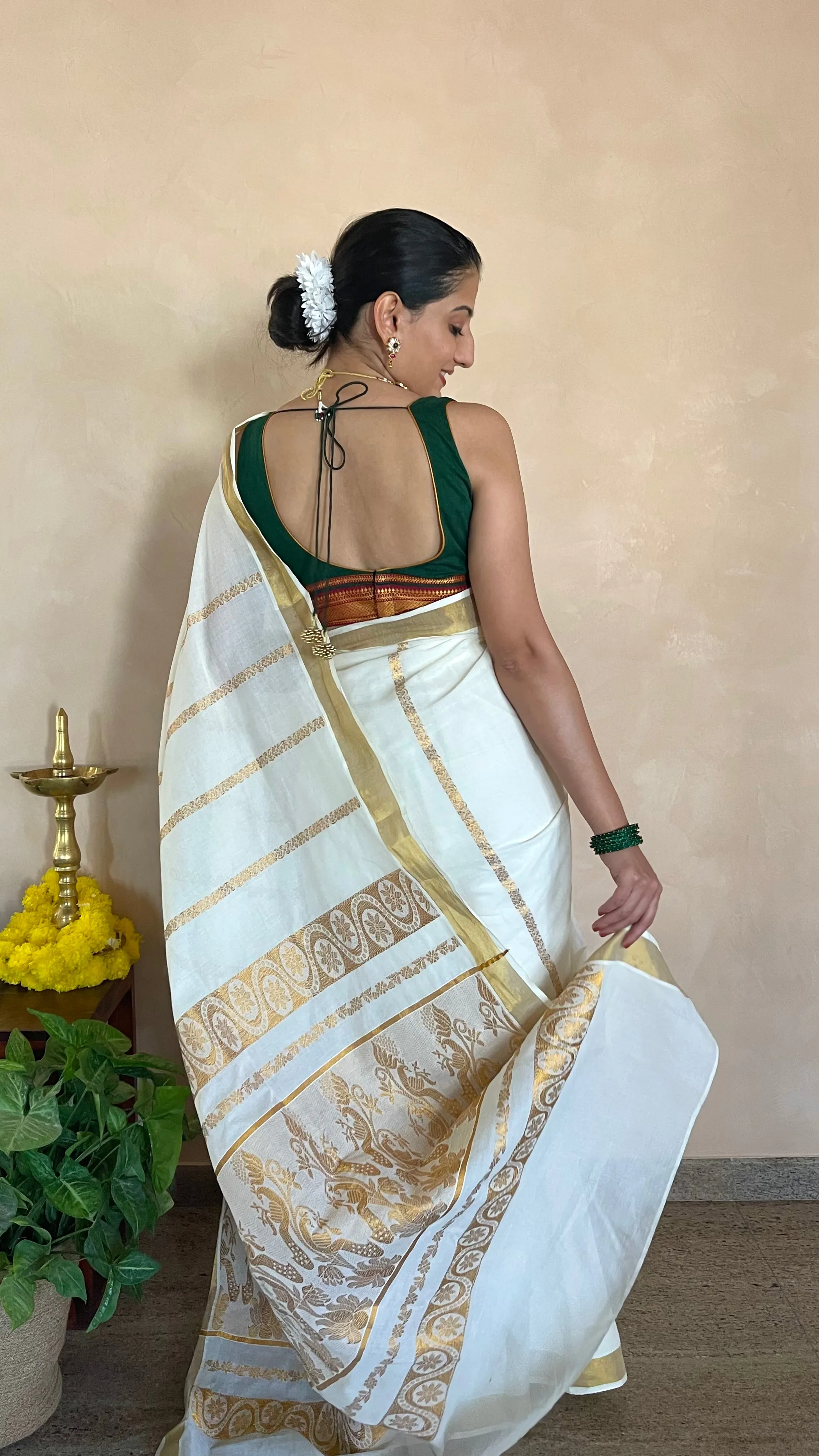 Amala x Tyohaar | Bottle Green Mangalgiri 100% Cotton Sleeveless Saree Blouse with Zari Border Detailing