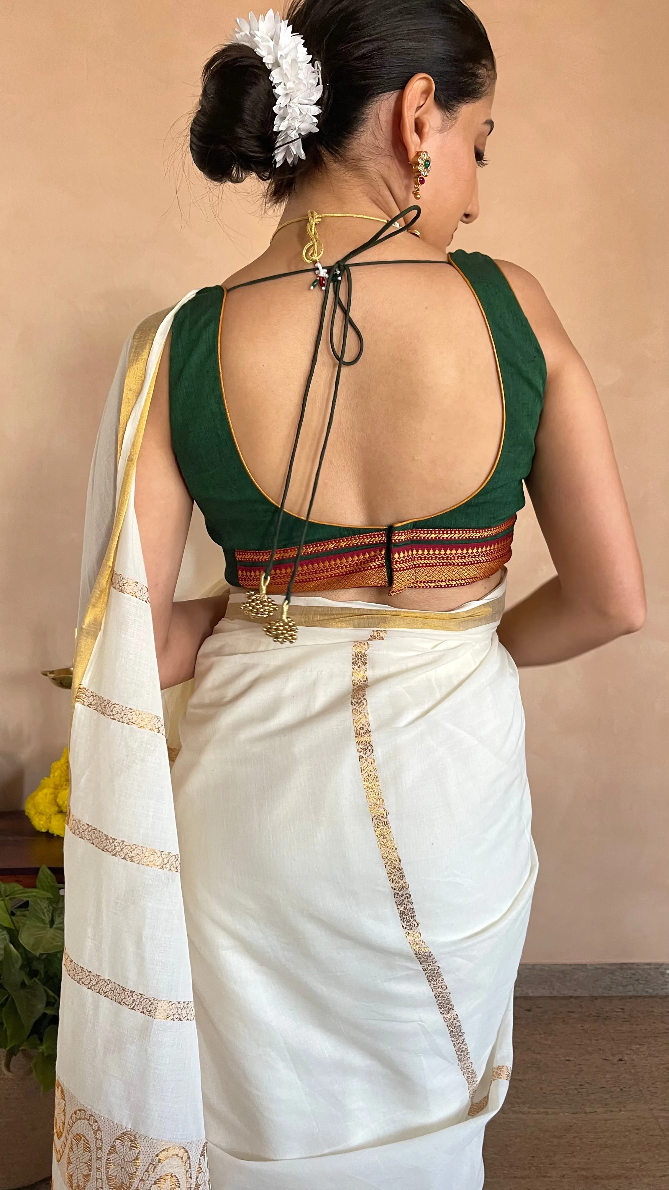 Amala x Tyohaar | Bottle Green Mangalgiri 100% Cotton Sleeveless Saree Blouse with Zari Border Detailing