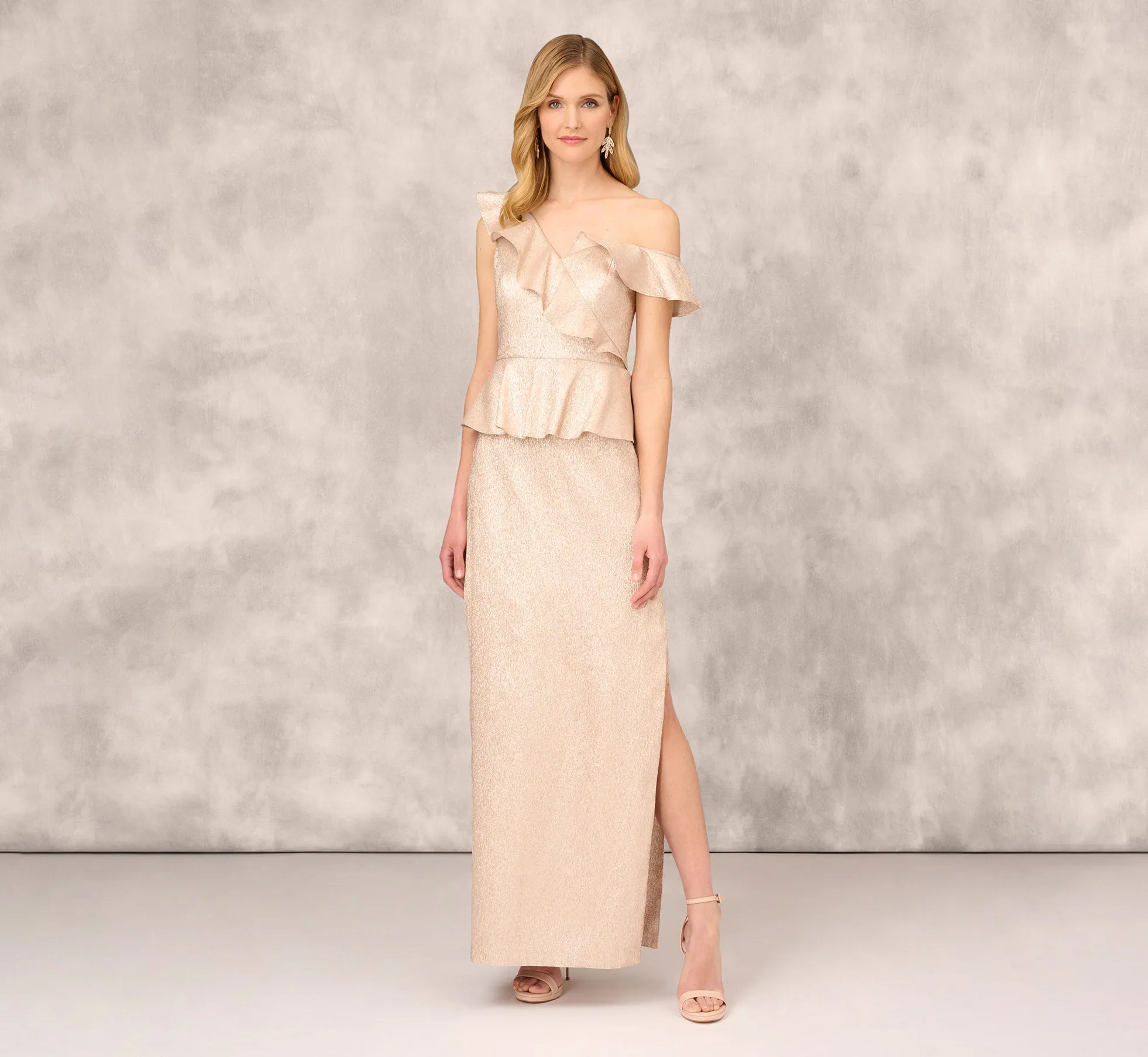 Asymmetrical Column Gown With Ruffle Details In Taupe