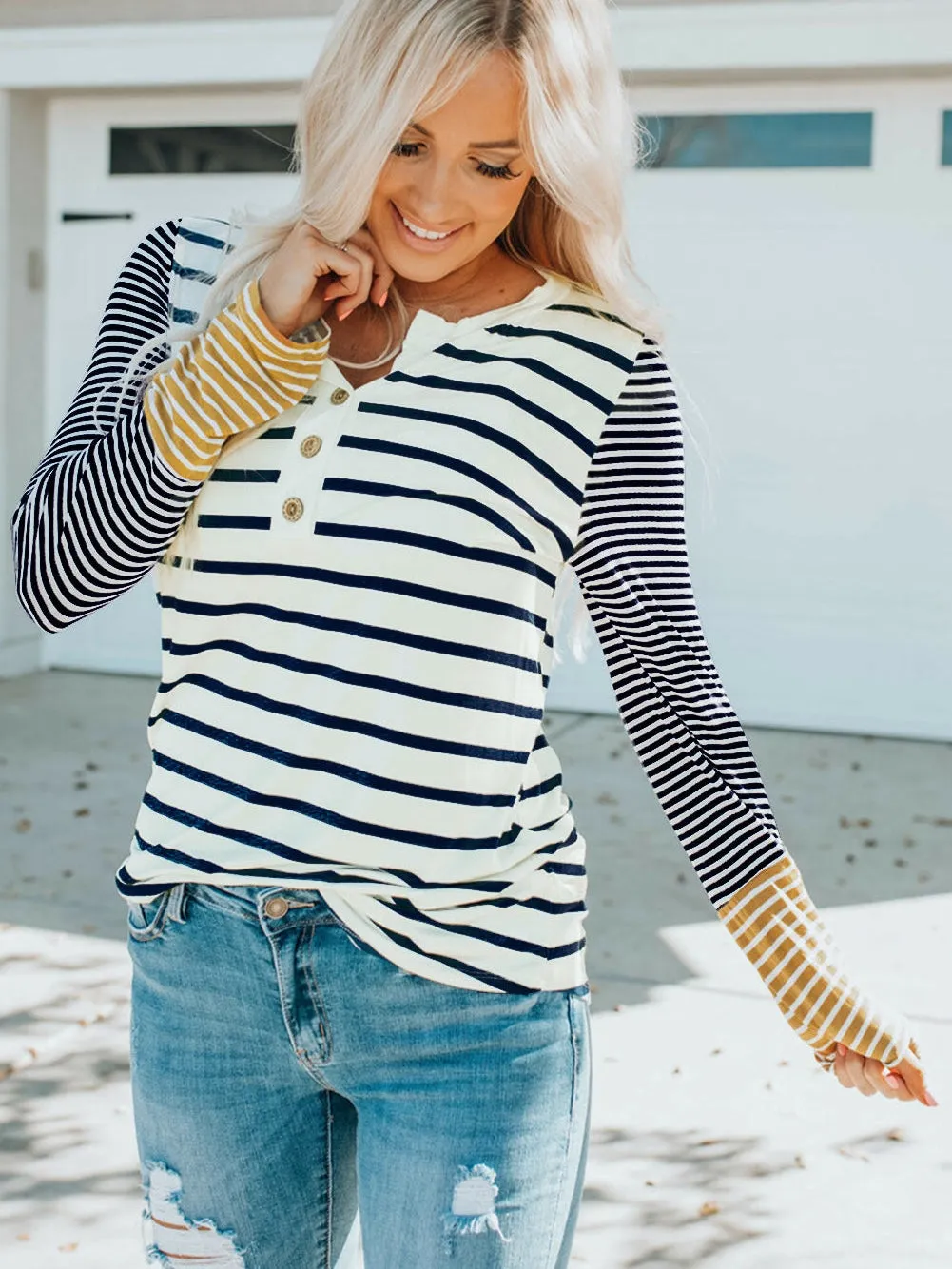 Autumn Striped Henley Top with Button Detail