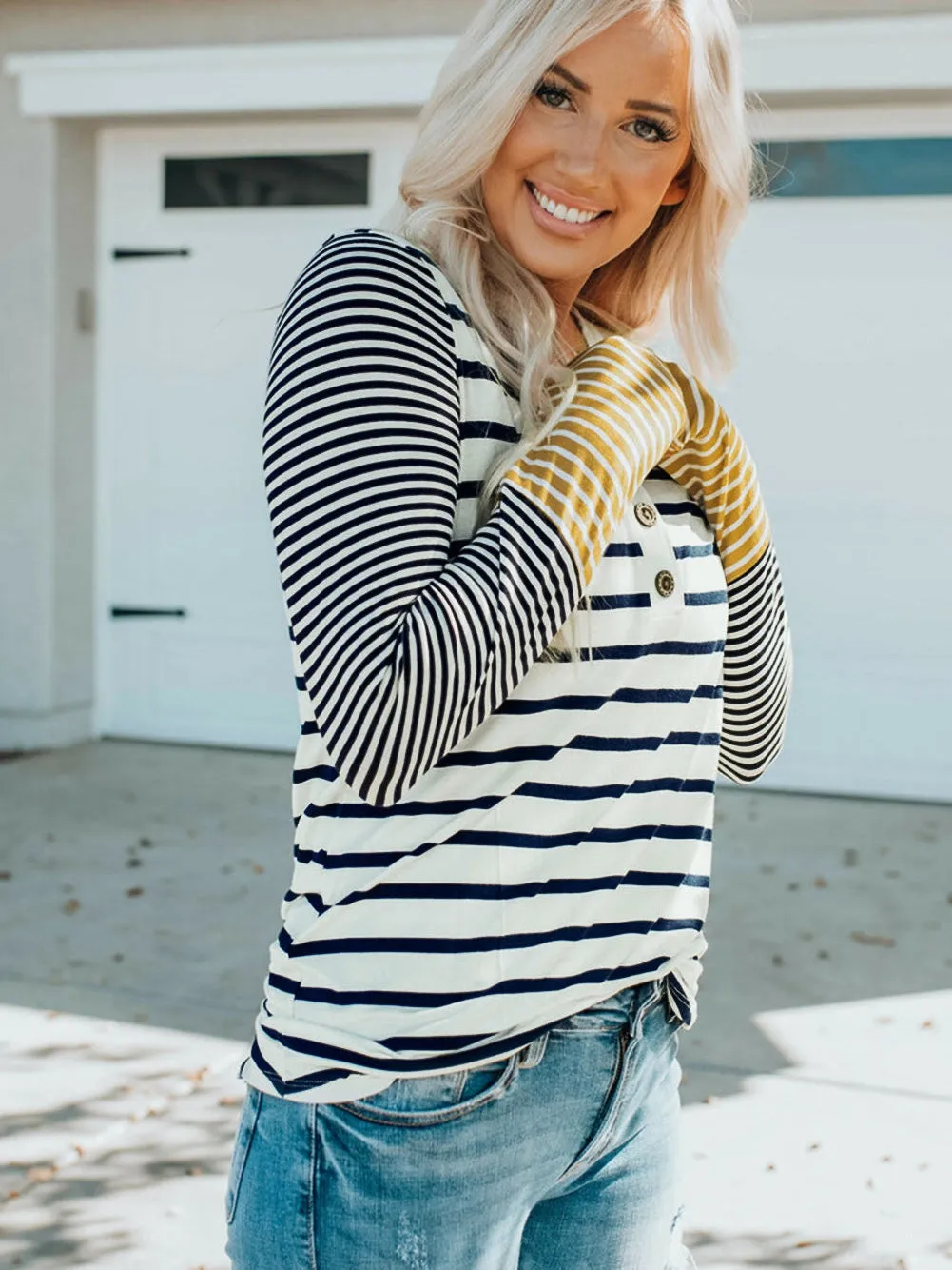 Autumn Striped Henley Top with Button Detail