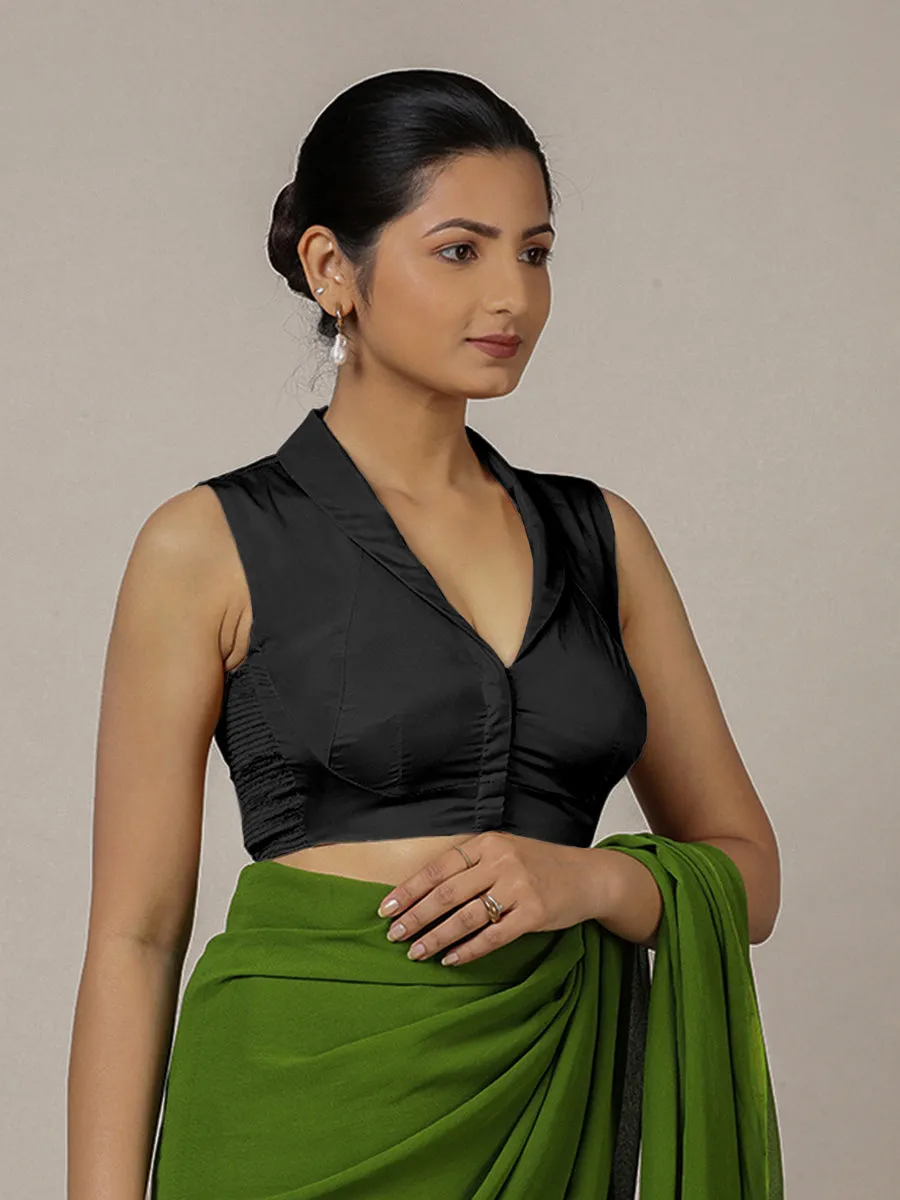 Avni x Rozaana | Charcoal Black Sleeveless FlexiFit™ Saree Blouse with Elegant Shawl Collar