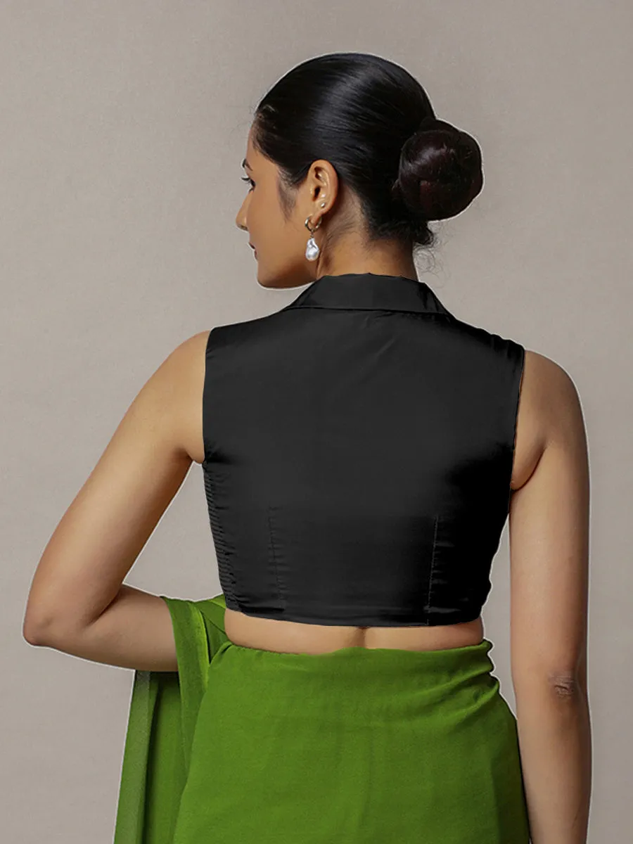 Avni x Rozaana | Charcoal Black Sleeveless FlexiFit™ Saree Blouse with Elegant Shawl Collar