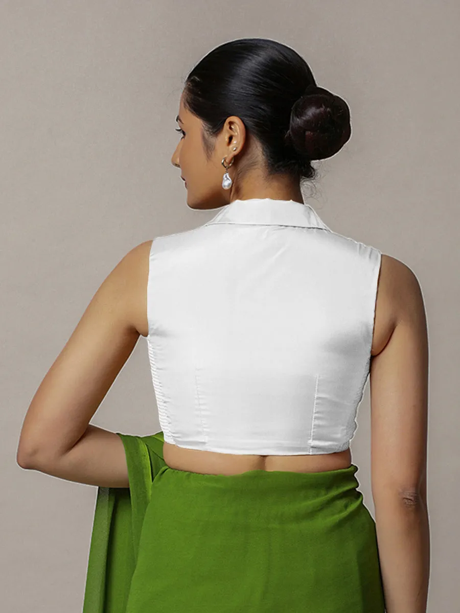 Avni x Rozaana | Pearl White Sleeveless FlexiFit™ Saree Blouse with Elegant Shawl Collar