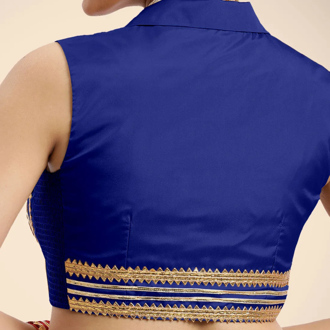 Avni x Tyohaar | Cobalt Blue Sleeveless FlexiFit™ Saree Blouse with Elegant Shawl Collar with Golden Gota Lace Embellishment