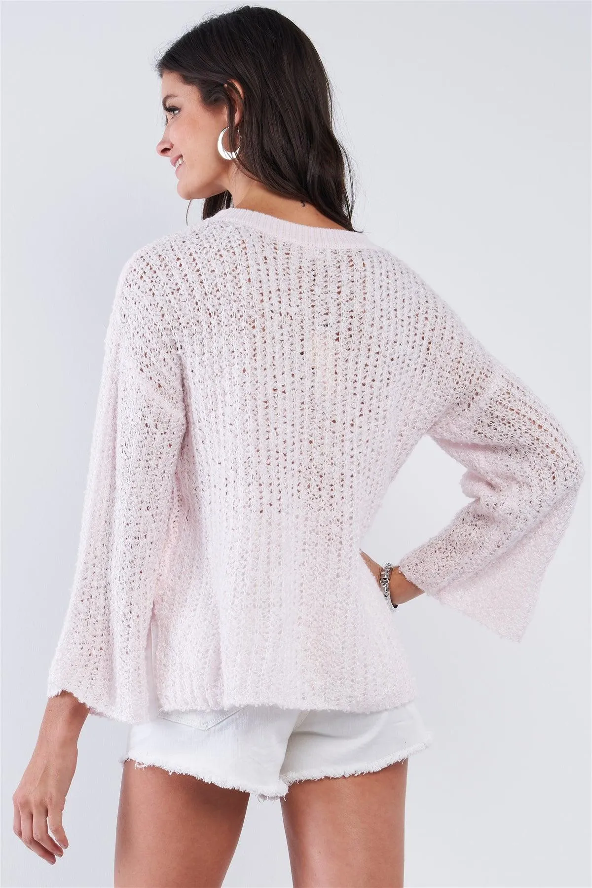 Baby Pink Cable Knit Relaxed Fit Ribbed Round Neckline Long Sleeve Side Slit Detail Sweater /2-3