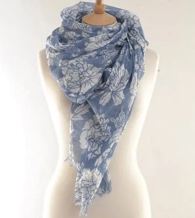 Blue Hibiscus Print Scarf