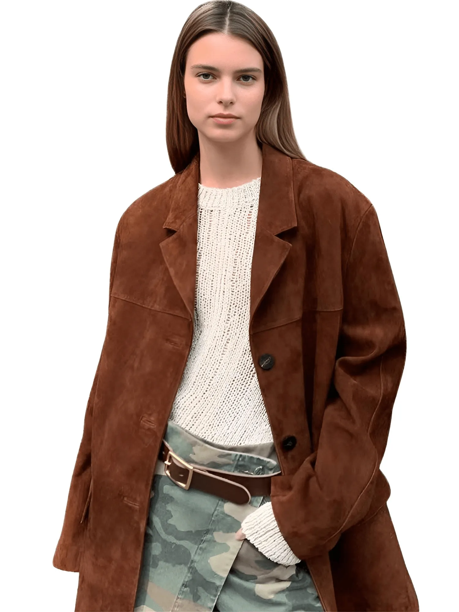 Brown Kid Suede Vintage Women's Jacket Loose Oversized Leather Suit Blazer