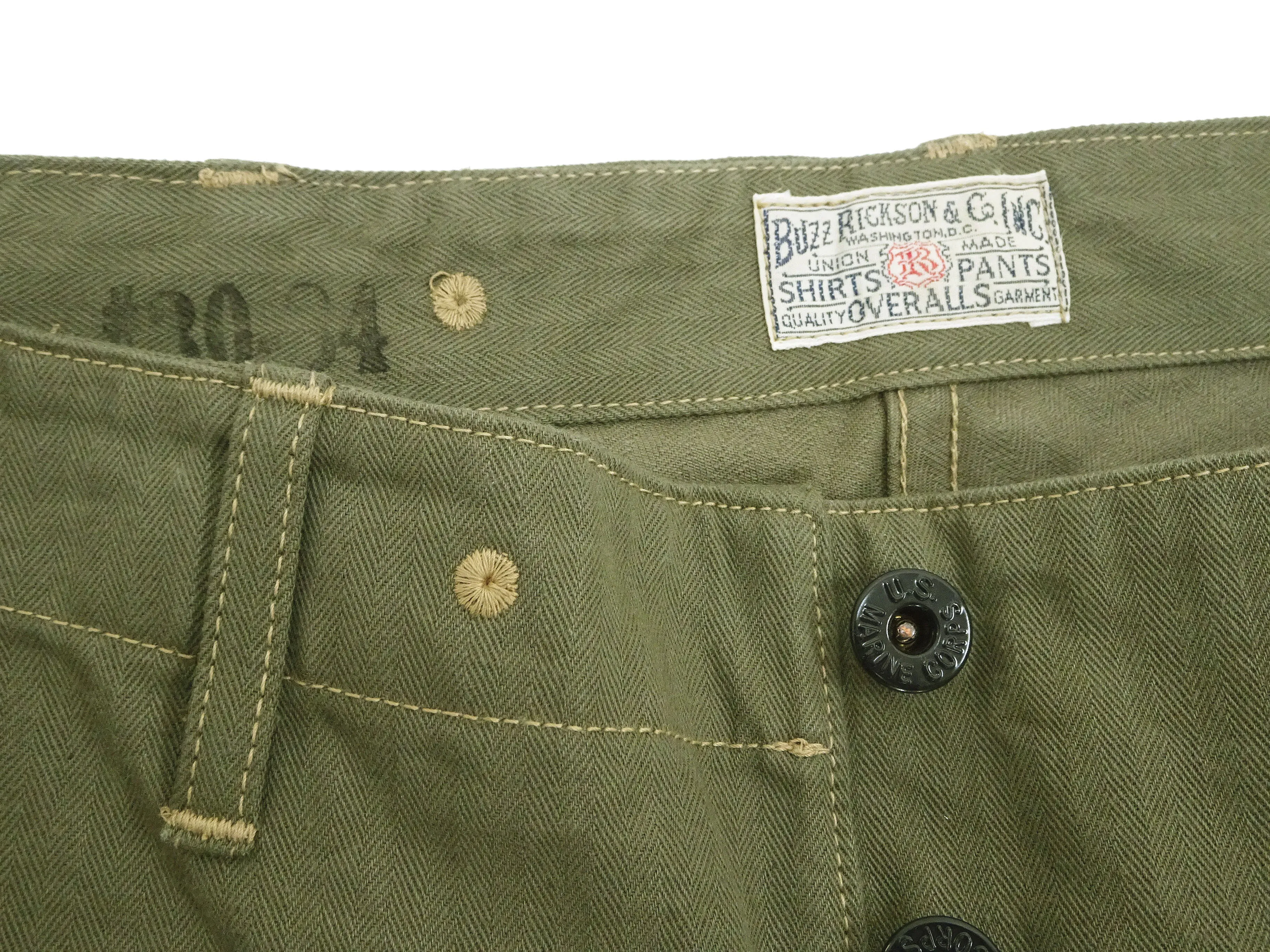 Buzz Rickson Cargo Pants Men's USMC P44 Combat Herringbone Trousers HBT P-44 Monkey Pants BR42501 Olive