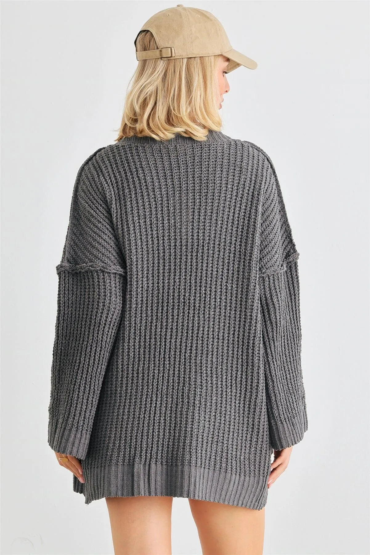 Charcoal Knit Two Pocket Open Front Cardigan