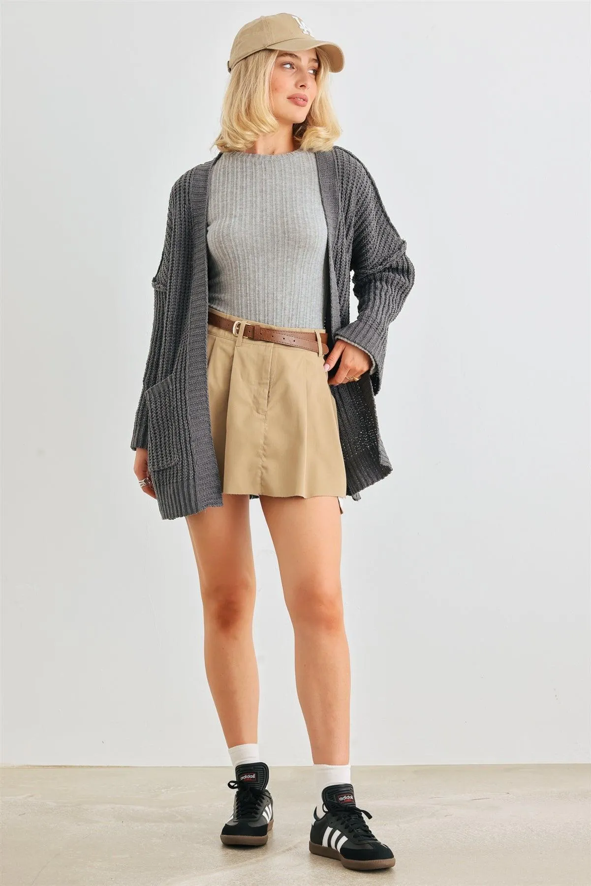 Charcoal Knit Two Pocket Open Front Cardigan