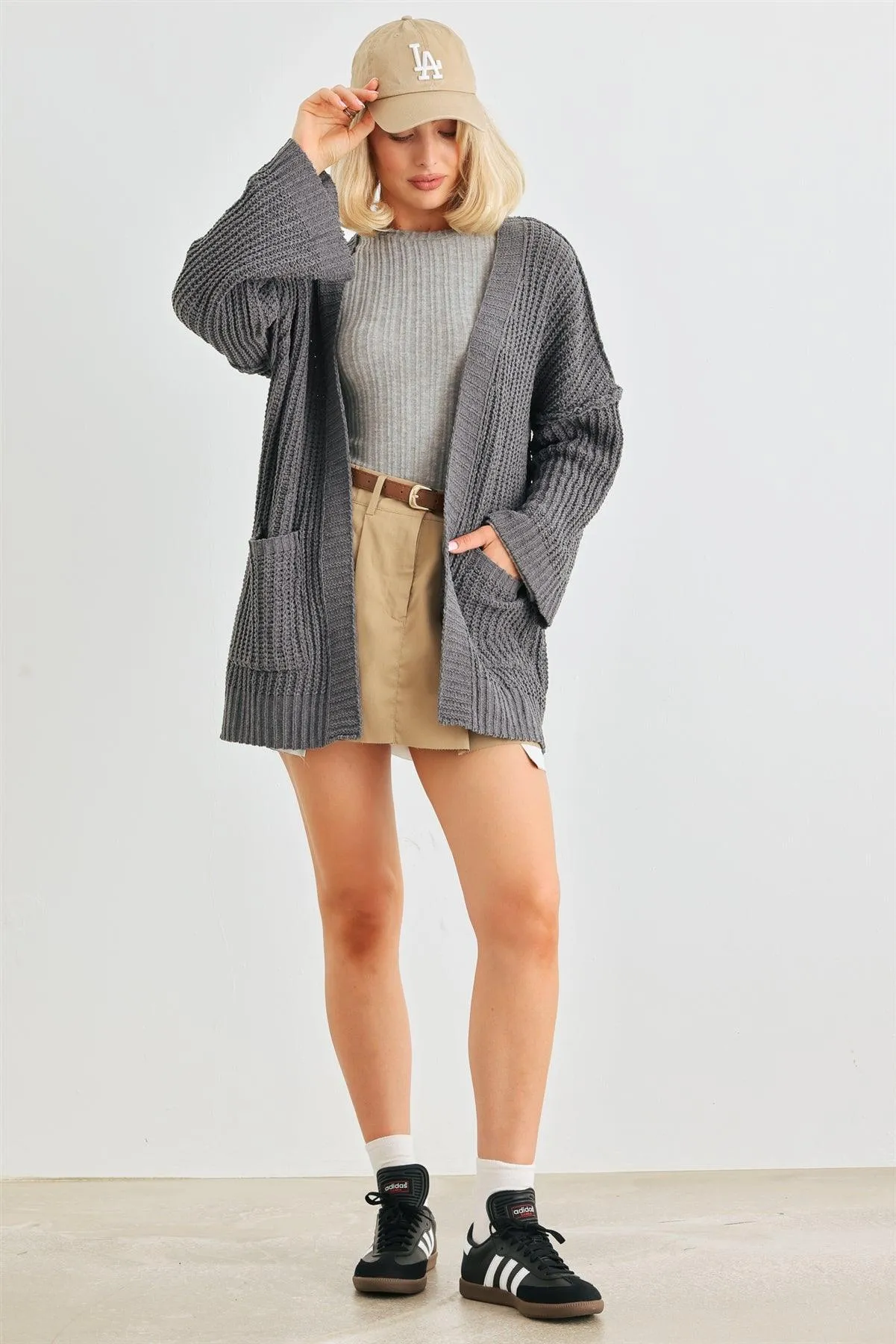 Charcoal Knit Two Pocket Open Front Cardigan