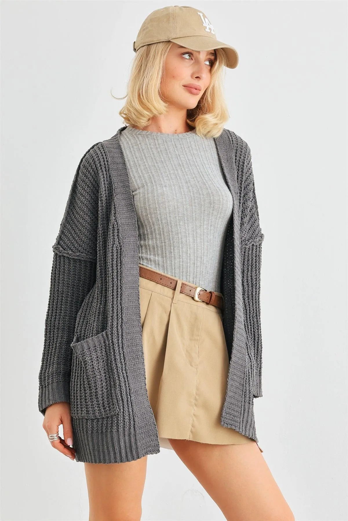 Charcoal Knit Two Pocket Open Front Cardigan