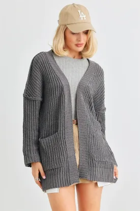 Charcoal Knit Two Pocket Open Front Cardigan