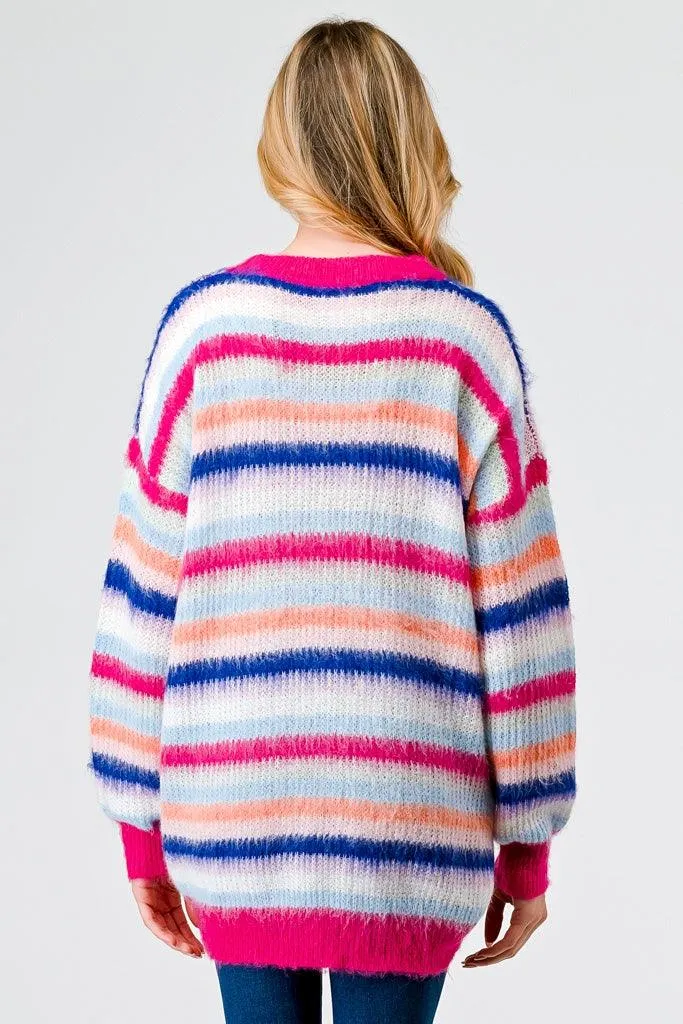 Fuchsia Mix Stripe Knit Long Sleeve Knit Sweater