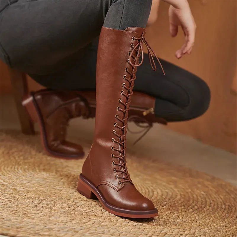 Funki Buys | Boots | Women's Leather Knee Lace Up High Boots