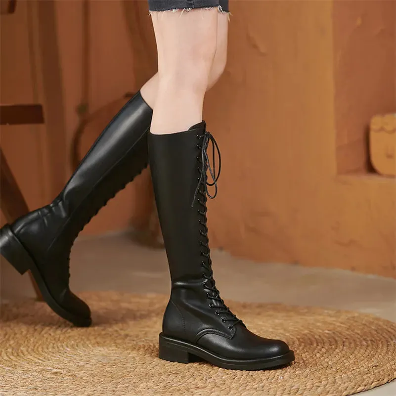 Funki Buys | Boots | Women's Leather Knee Lace Up High Boots