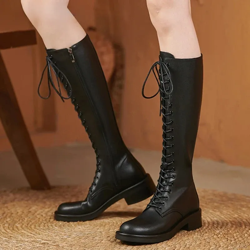 Funki Buys | Boots | Women's Leather Knee Lace Up High Boots