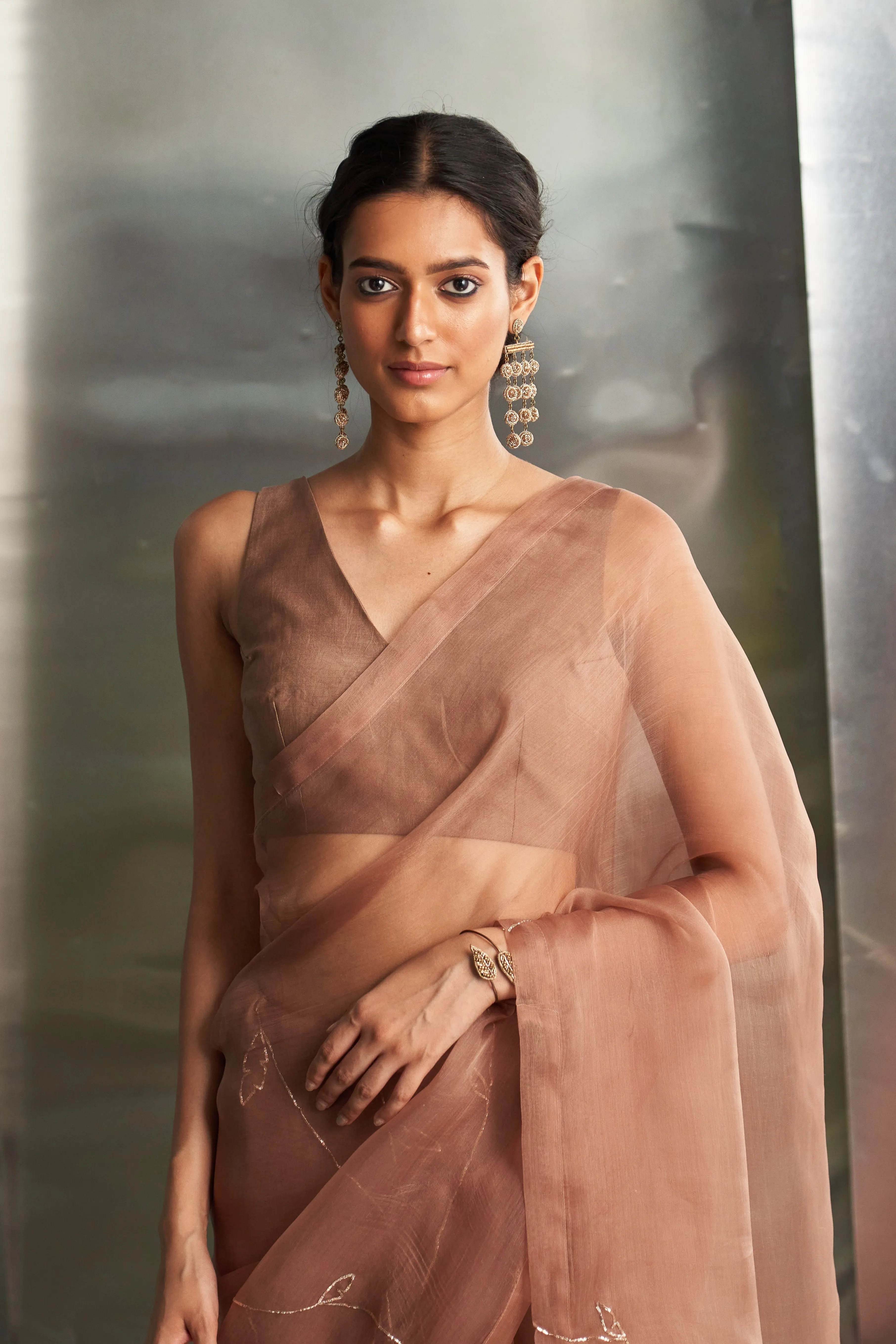 Ginger Saree With Sleeveless Blouse