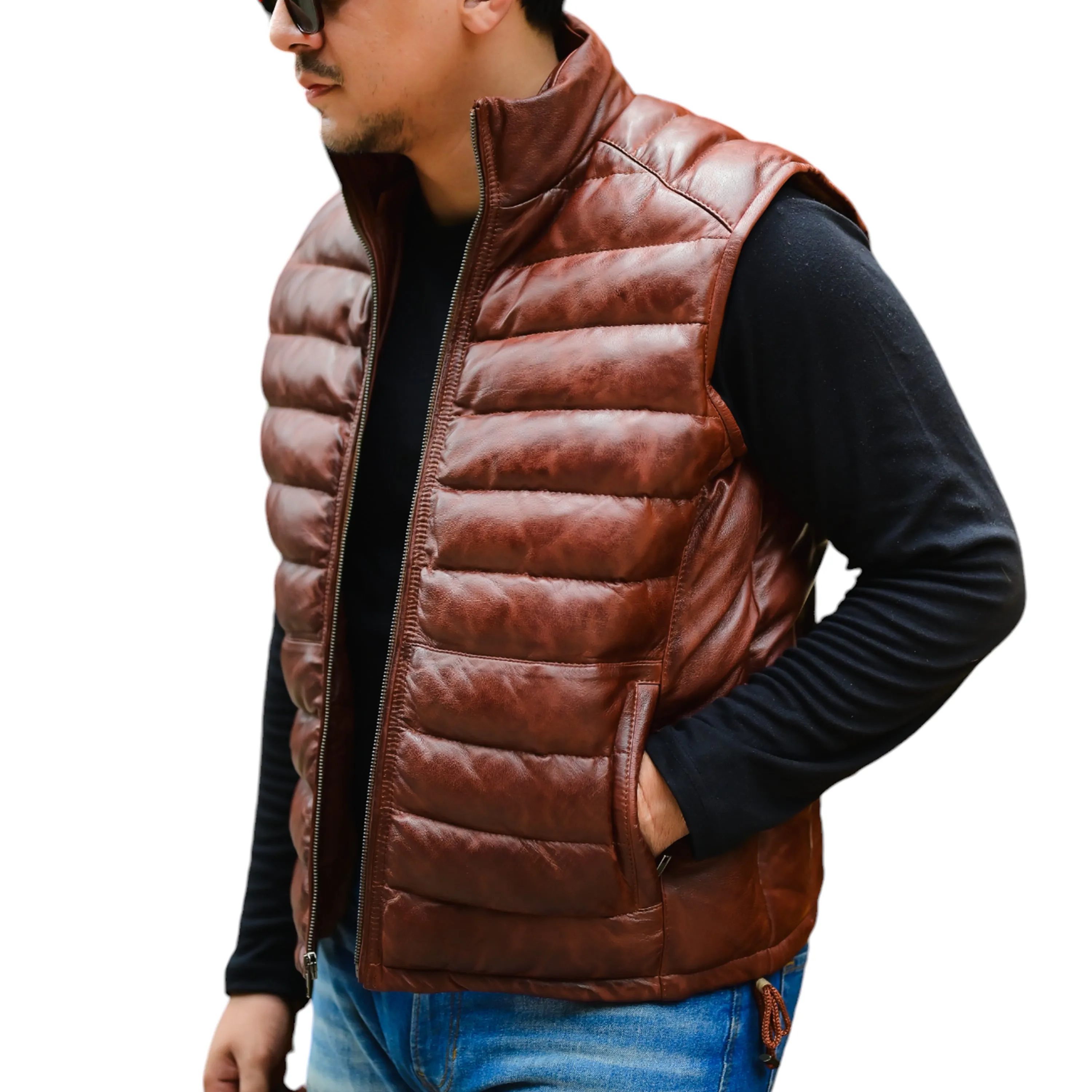 Jild Leather Puffer Vest with Removable Hood