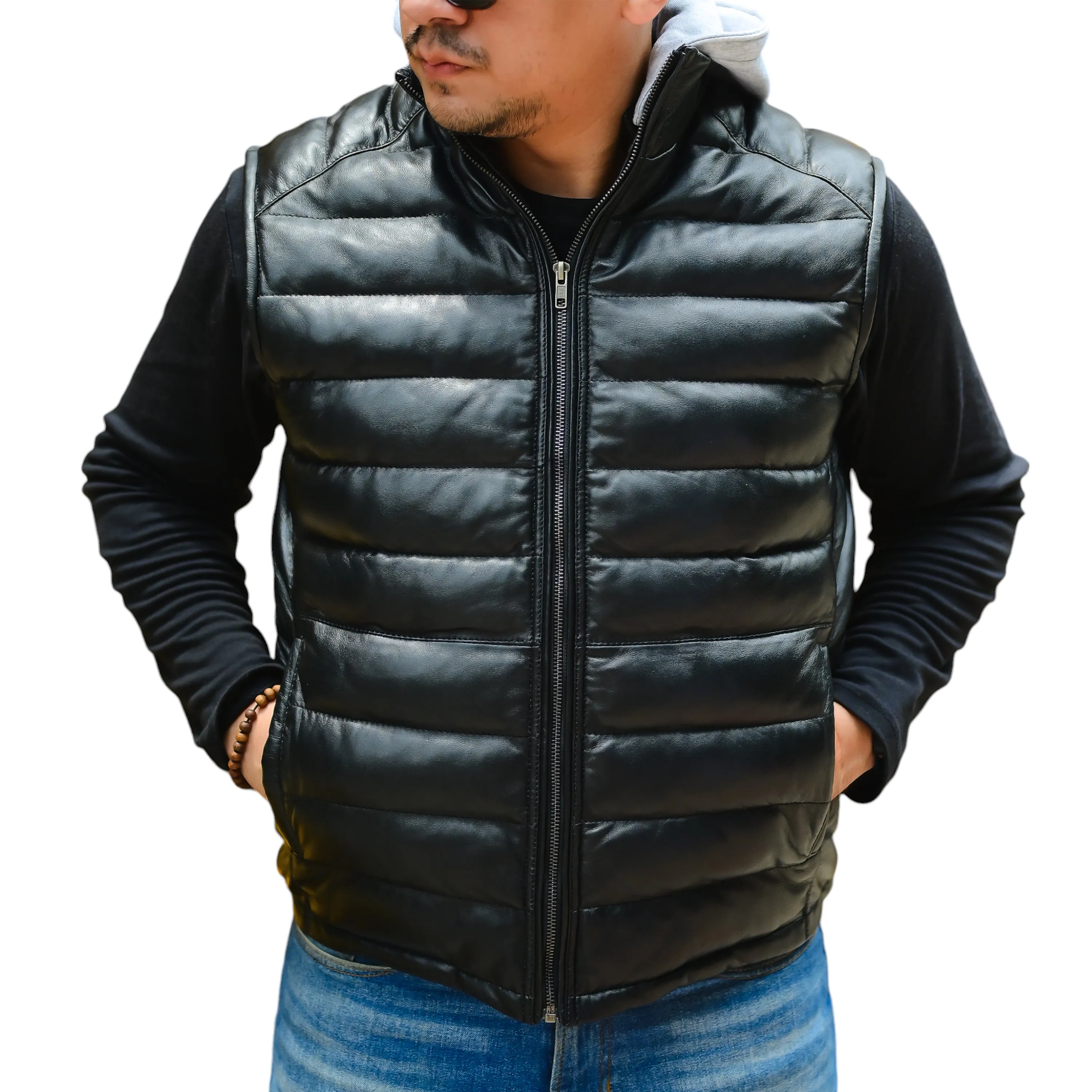 Jild Leather Puffer Vest with Removable Hood