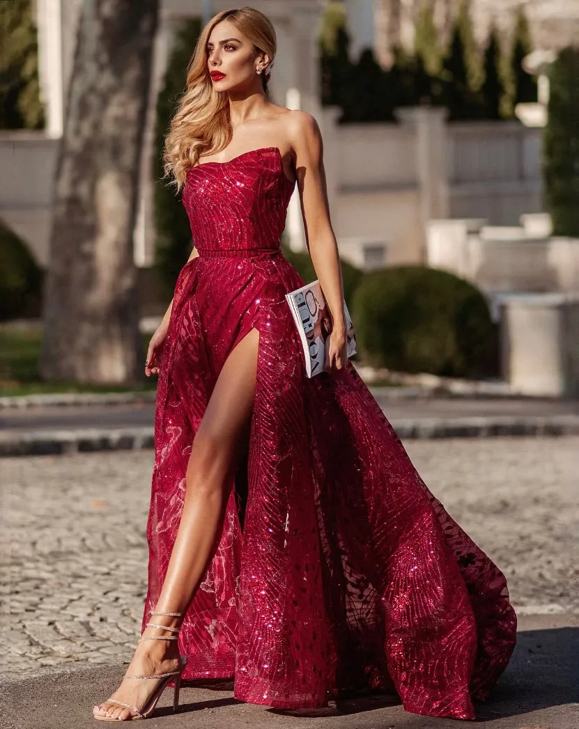 Juliette Strapless Glitter Gown - Wine [HIRE]