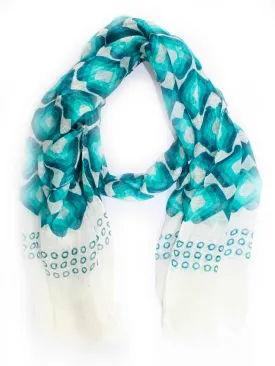 Kiton Linen Scarf White Turquoise Geometric FINAL SALE