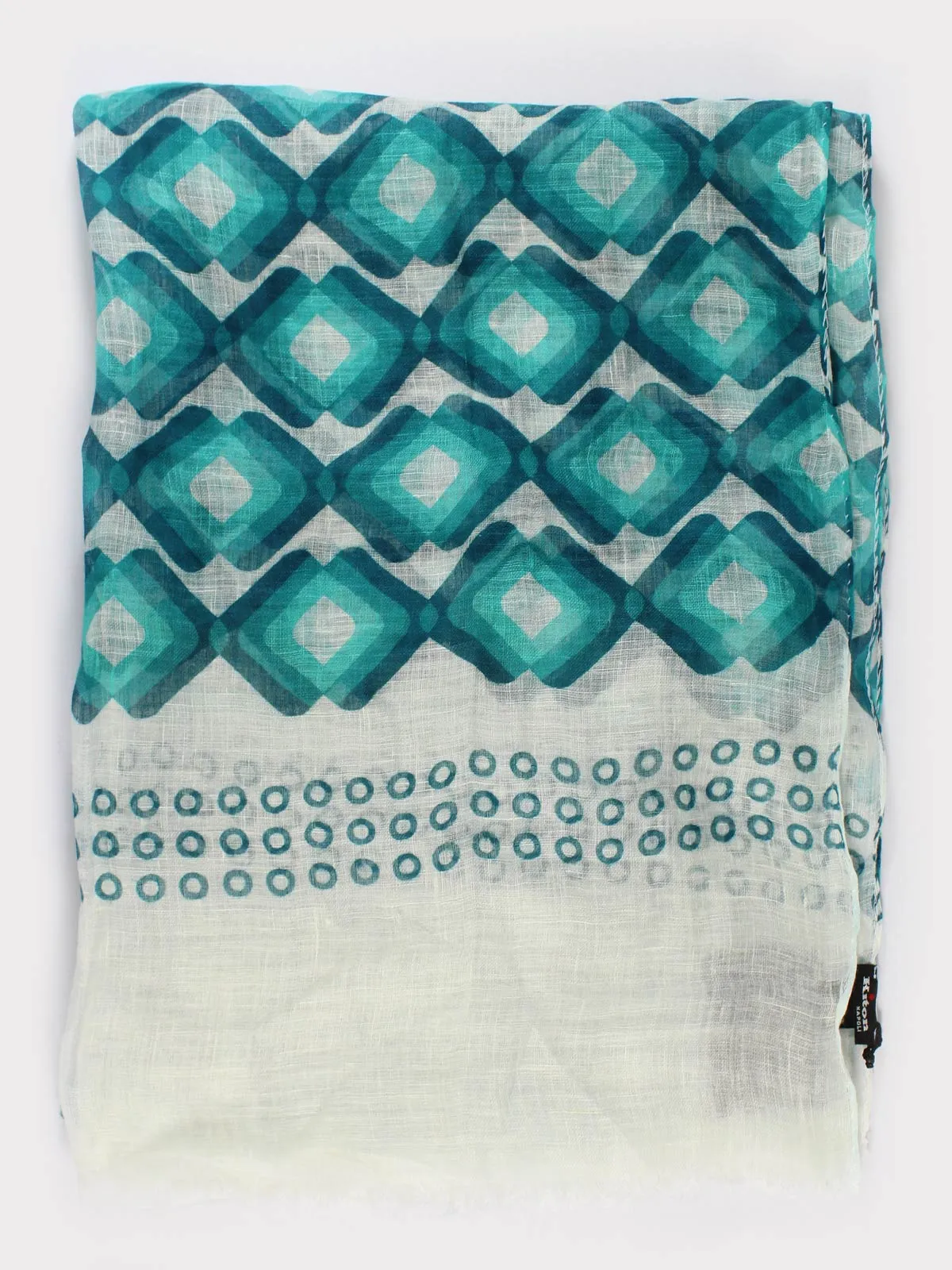 Kiton Linen Scarf White Turquoise Geometric FINAL SALE