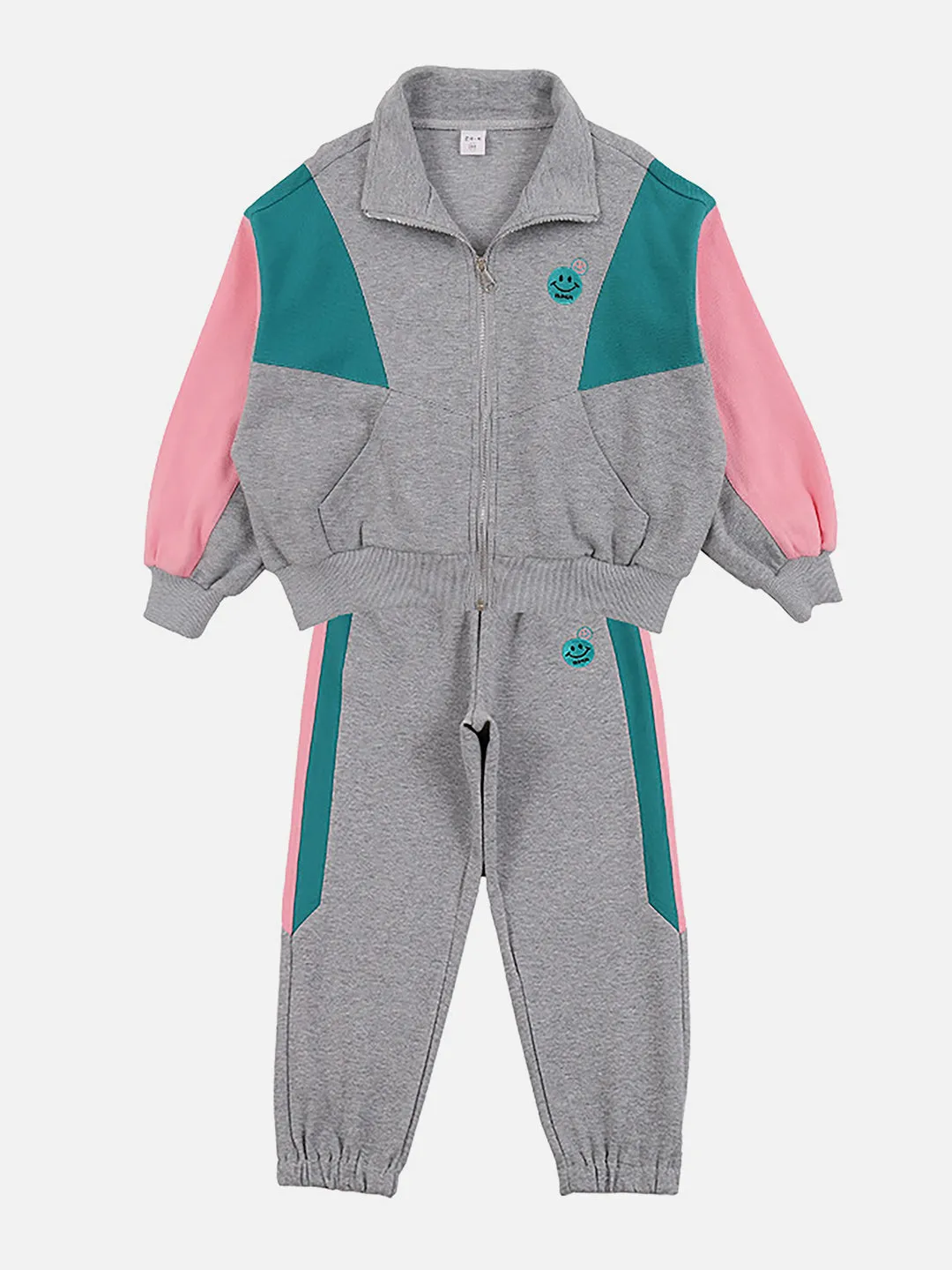 Little Surprise Box,Casual Grey With Mint & Pink Stripes 2Pcs Track Suit Set For Kids & Tweens