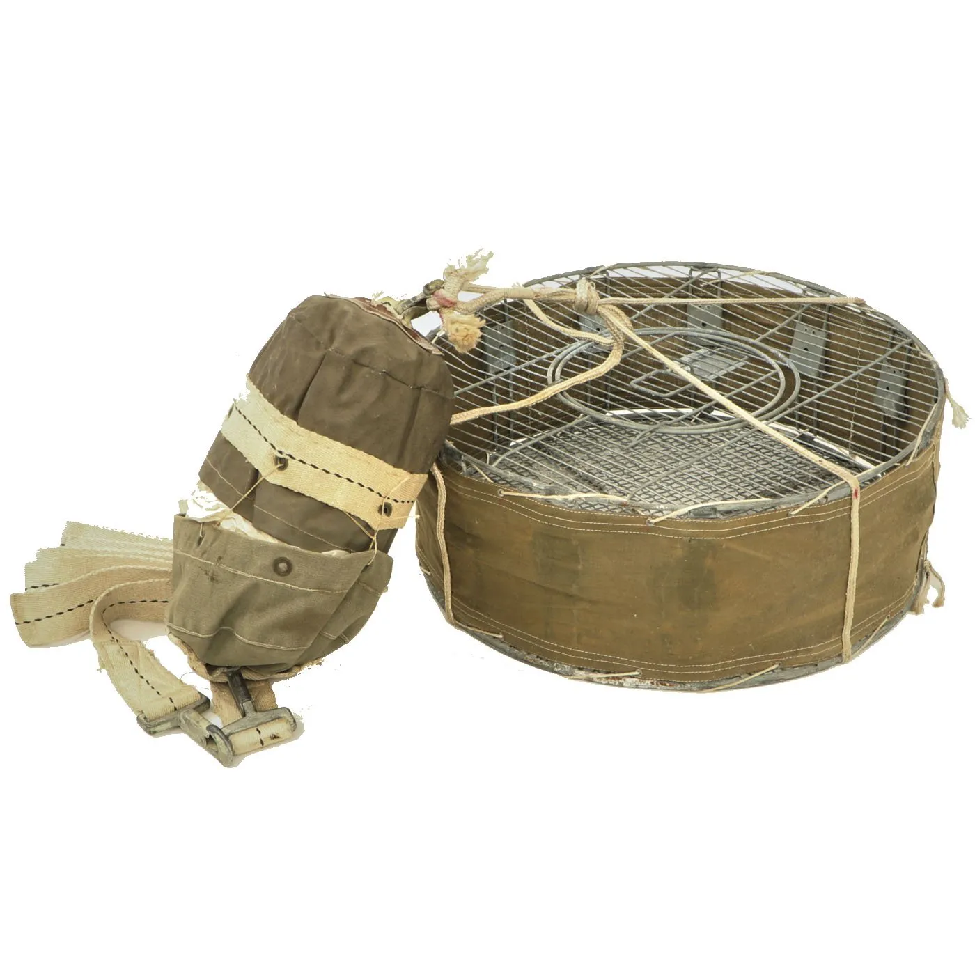 Original U.S. WWII Airborne Parachute Pigeon Cage Drop Cage Basket with Parachute and Accessories