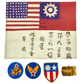 Original U.S. WWII Army Air Forces China-Burma-India Theater Leather Blood Chit Grouping With Patches - 5 Items