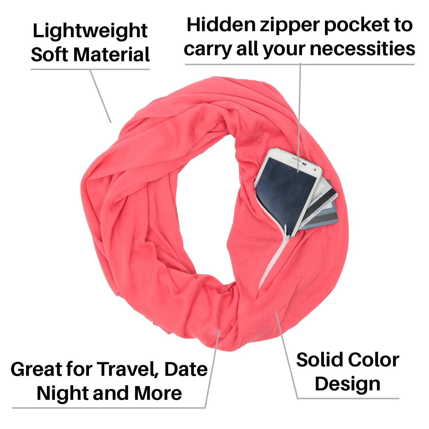 Pop Fashion Solid Color Infinity Scarf for Women with Zipper Pocket