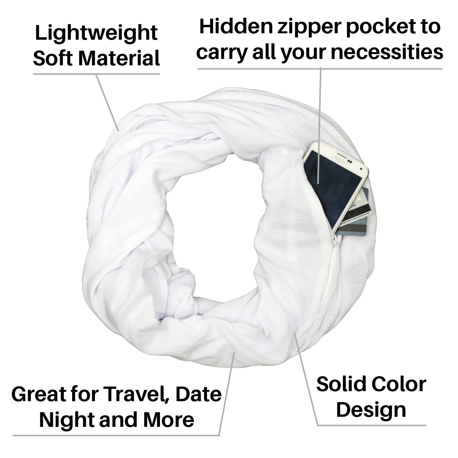 Pop Fashion Solid Color Infinity Scarf for Women with Zipper Pocket