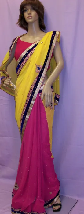 Saree 4005 Yellow Pink Chiffon Half & Half Party Wear Sari Shieno Sarees