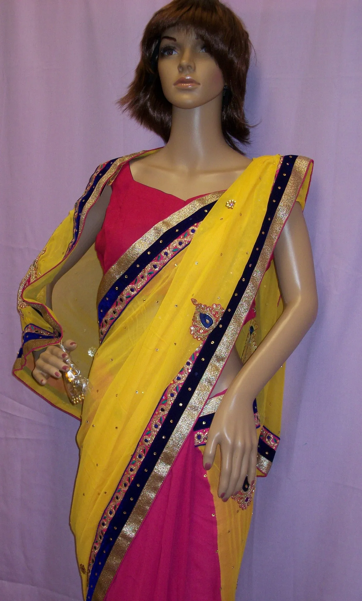 Saree 4005 Yellow Pink Chiffon Half & Half Party Wear Sari Shieno Sarees