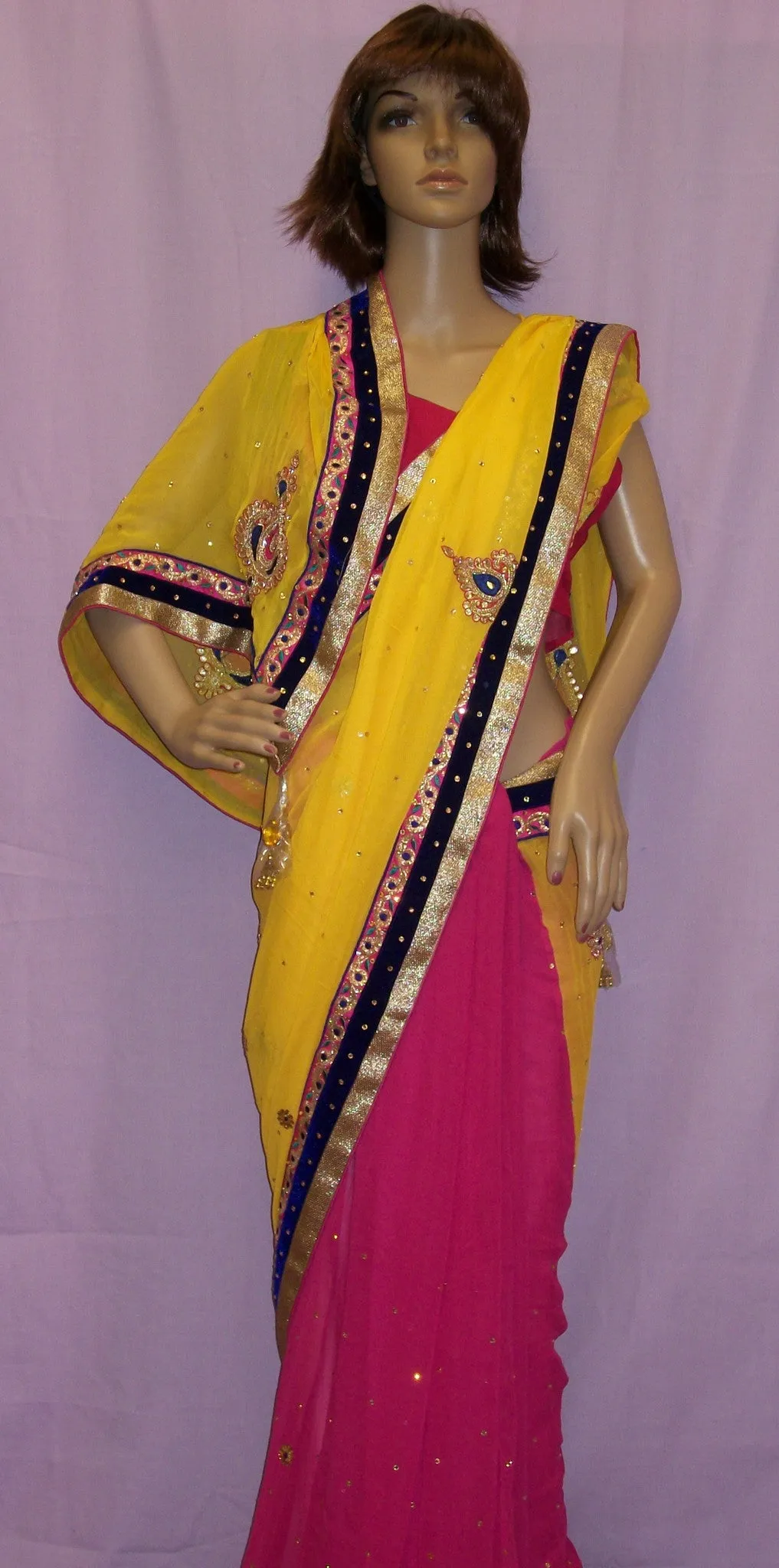 Saree 4005 Yellow Pink Chiffon Half & Half Party Wear Sari Shieno Sarees