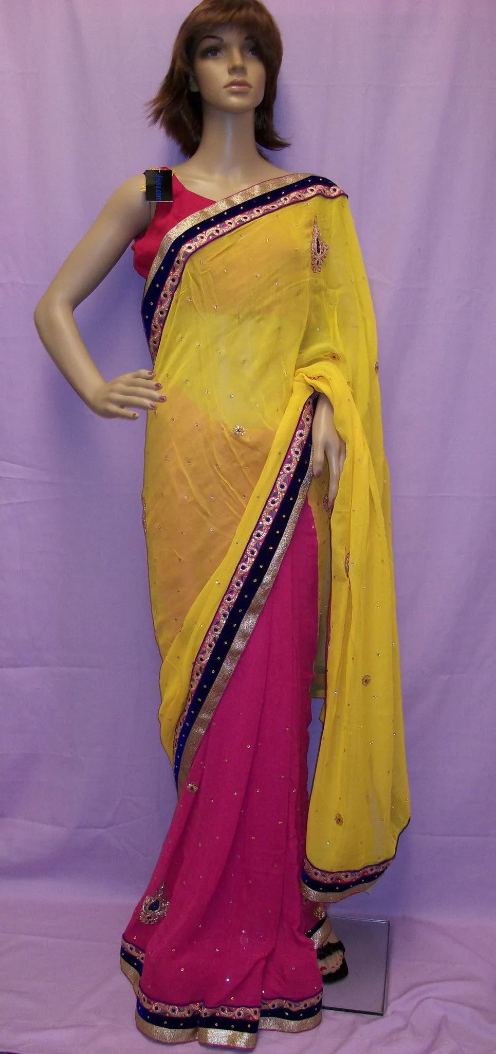 Saree 4005 Yellow Pink Chiffon Half & Half Party Wear Sari Shieno Sarees