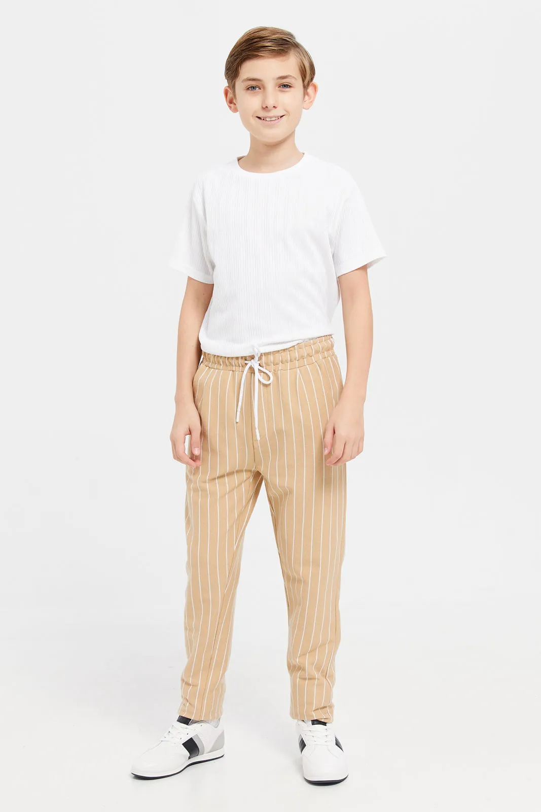 Senior Boys Beige Striped Track Pants