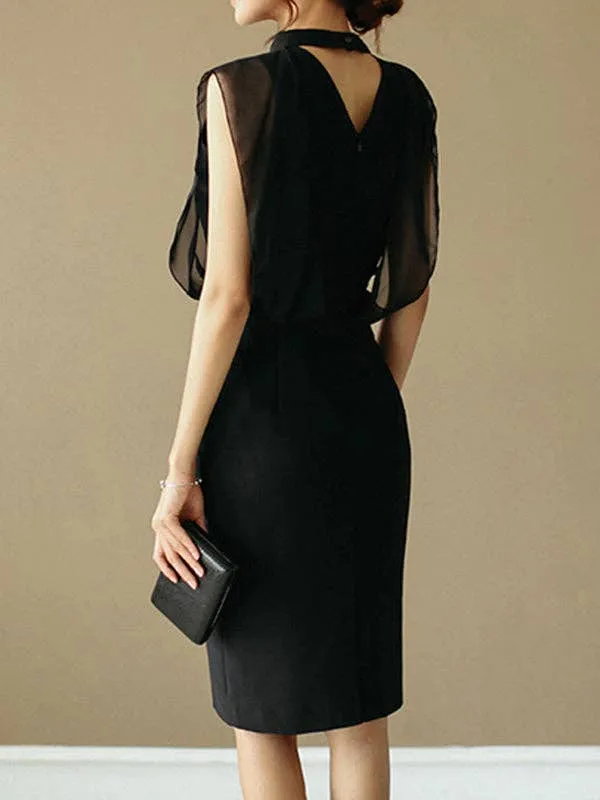 Sleeveless Gauze Hollow See-Through Stand Collar Evening Midi Dresses