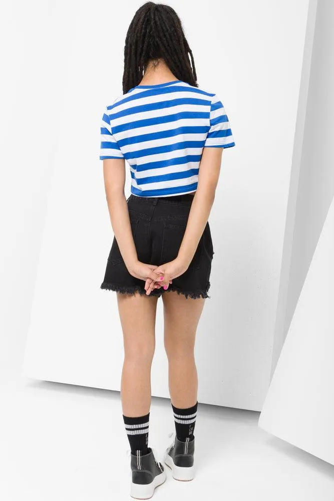 Stripe Cropped Short Sleeve T-Shirt Blue