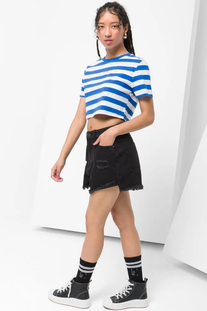 Stripe Cropped Short Sleeve T-Shirt Blue