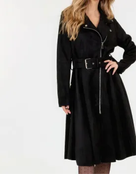 Waist Belt Tacked Faux Suede Coat Solid Coat