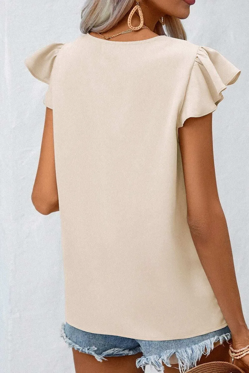 White Pleated V Neck Ruffle Shoulder Sleeveless Blouse