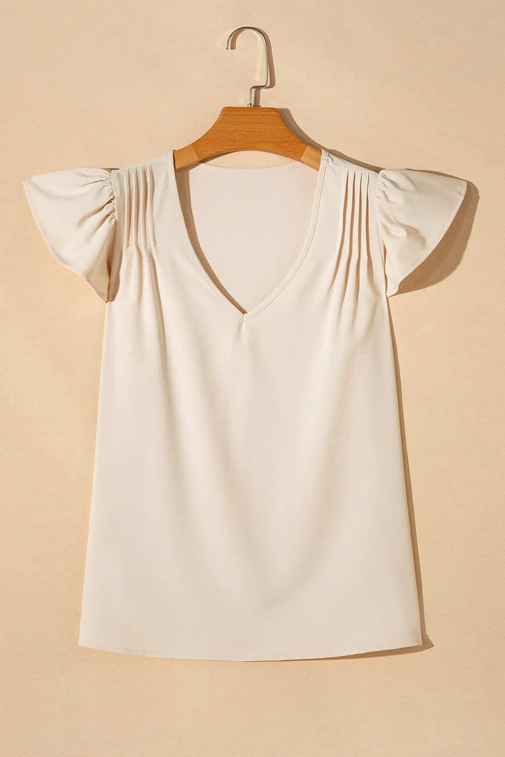 White Pleated V Neck Ruffle Shoulder Sleeveless Blouse